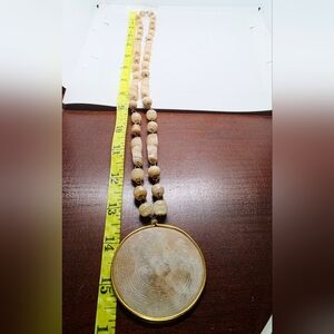 Vtg Carved Banded Agate Aztec Mayan Calendar Sun Pendant  Art Stone Necklace 70s